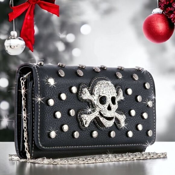 SALE Black Skull and Studded Crossbody Wallet Handbag Purse - Picture 5 of 9